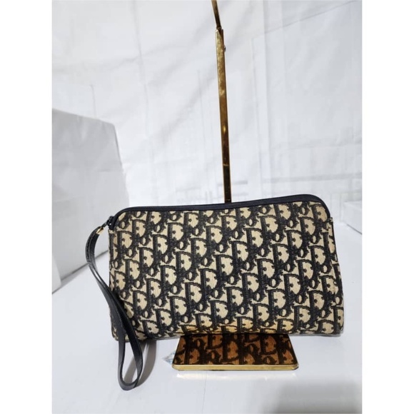Authentic CHRISTIAN DIOR Vintage  Monogram Wristlet Clutch Navy Blue/Beige - Picture 4 of 14
